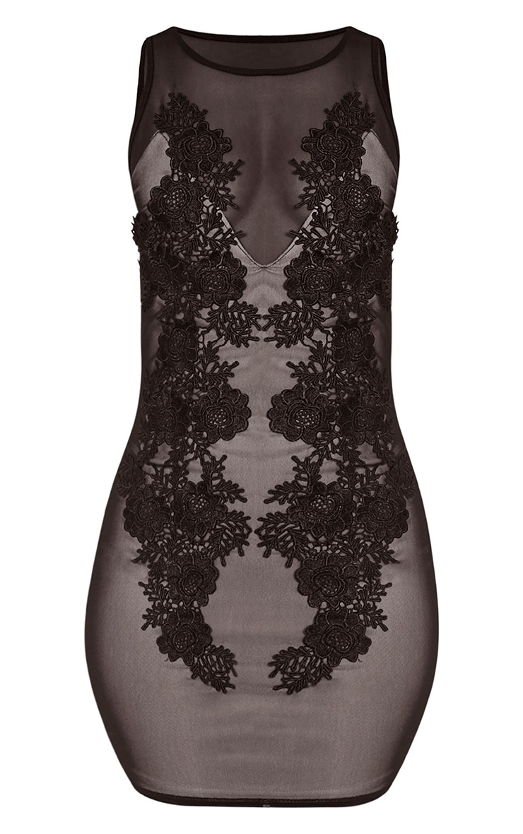 Kaelli Black Floral Applique Mesh Overlay Dress PrettyLittleThing