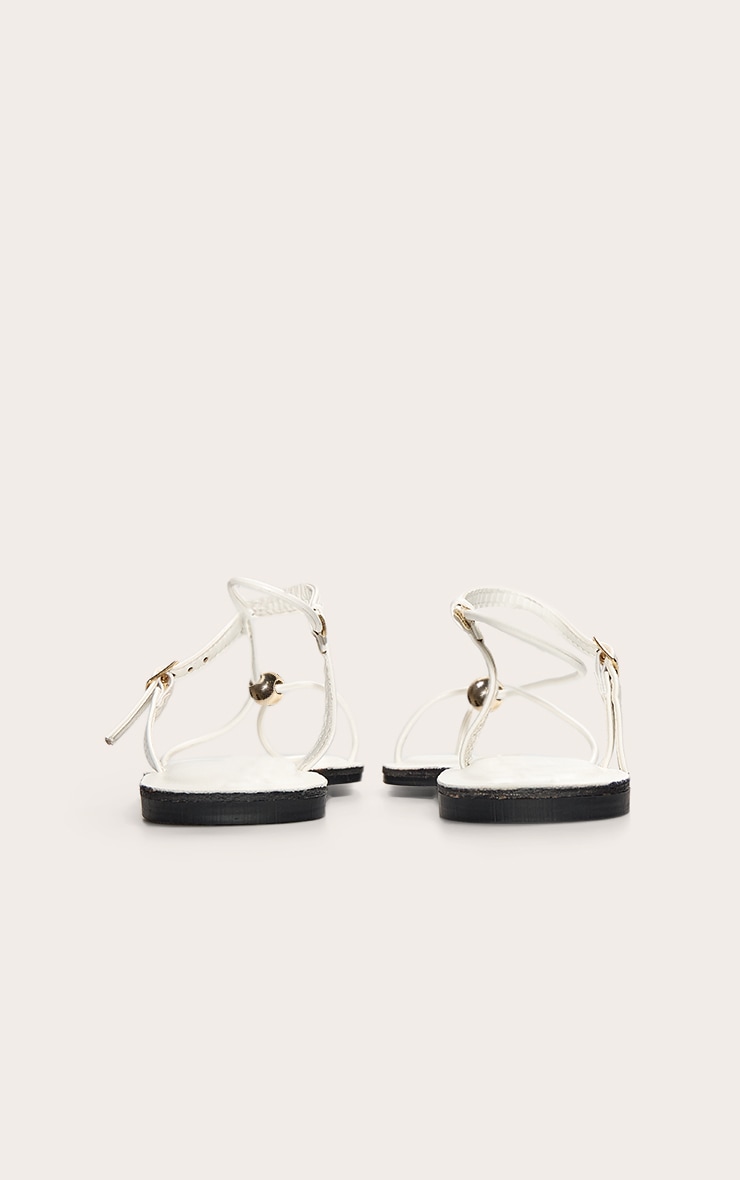 White Pu Square Toe Thong Gold Trim Flat Sandals image 3