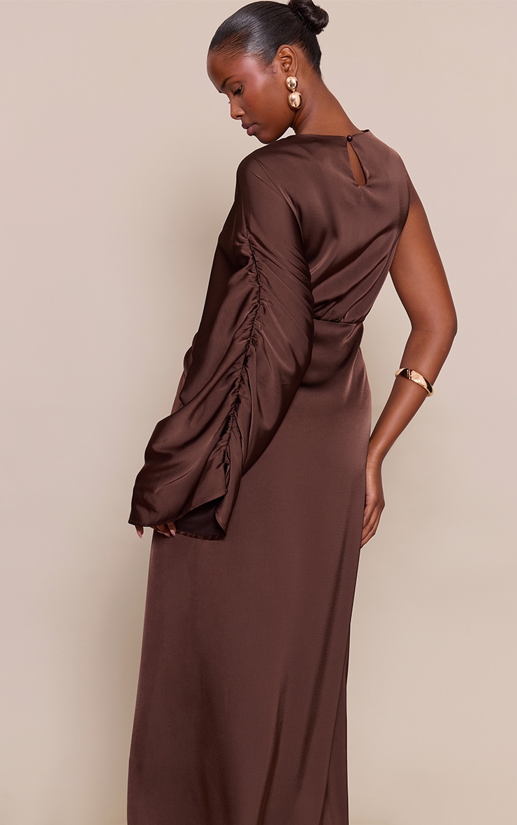 Chocolate Satin Asymmetric Cape Detail Maxi Dress image 4
