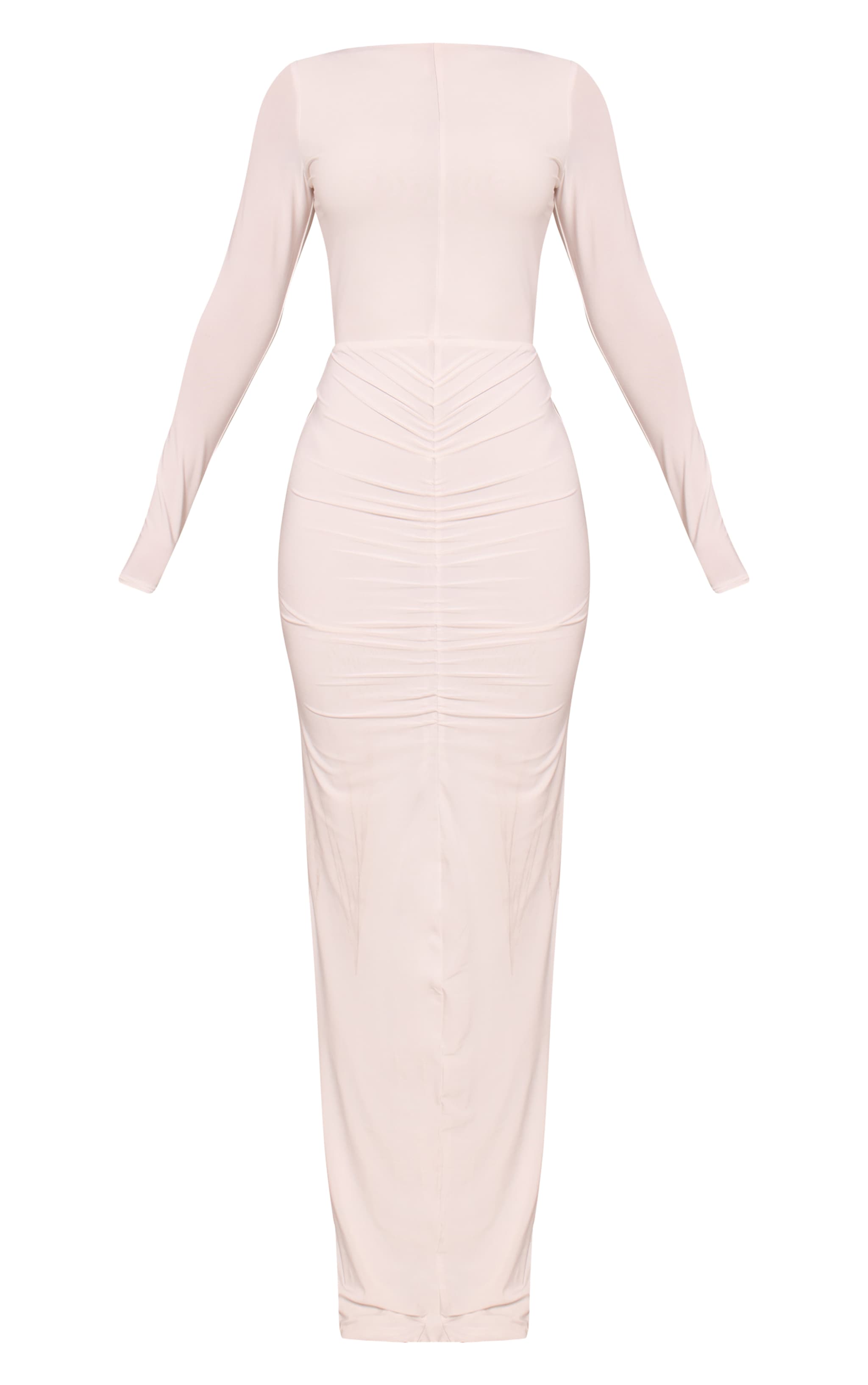 Petite White Slinky Ruched Seam Long Sleeve Dress image 5