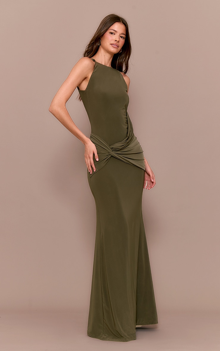 Khaki Double Layer Slinky Twisted Front Halter Neck Maxi Dress image 3