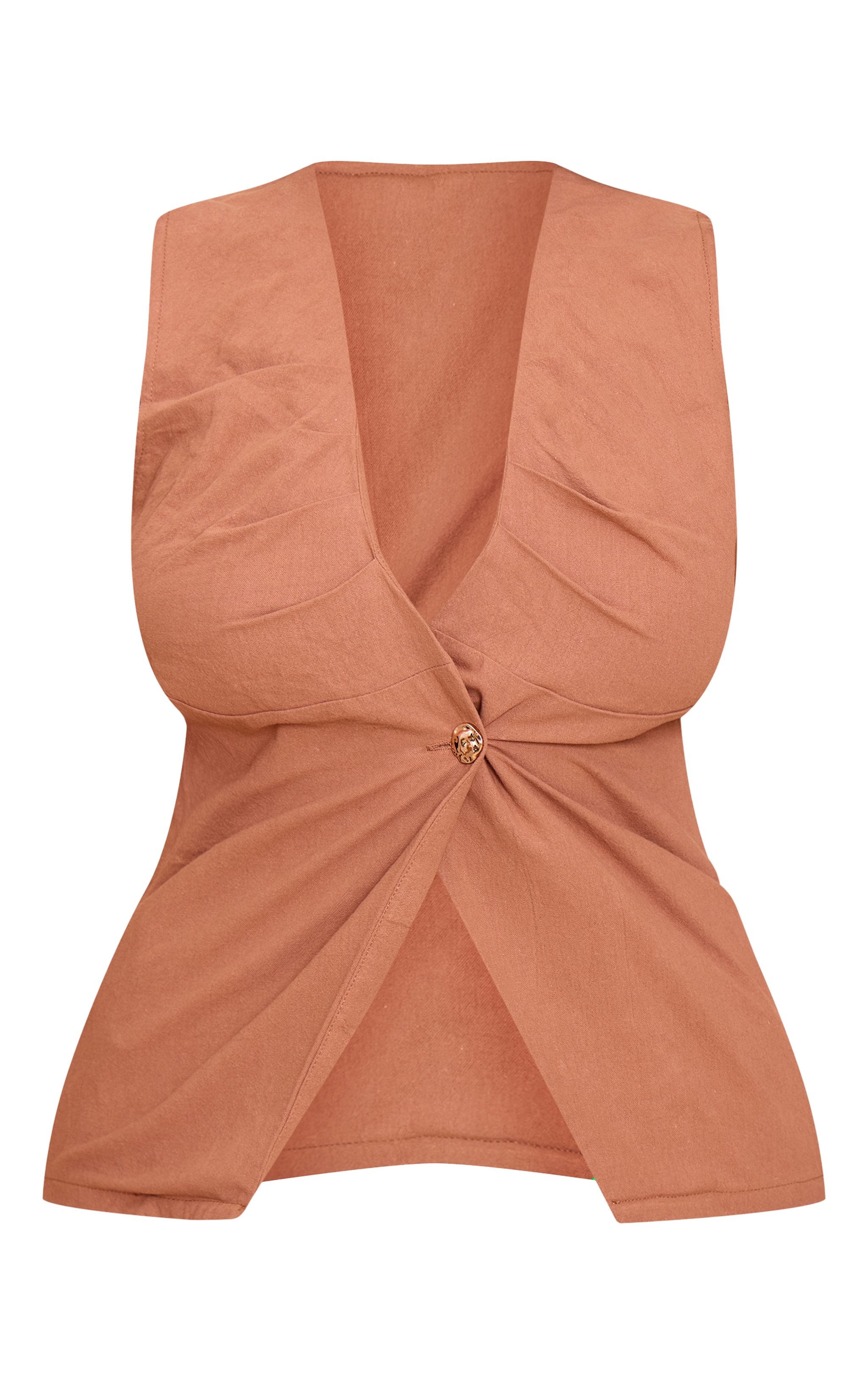 Shape Mocha Linen Plunge Front Ruched Gold Hammered Button Vest image 5