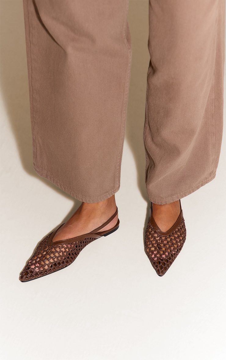 Chocolate Pu Point Toe Woven Sling Back Flats image 1