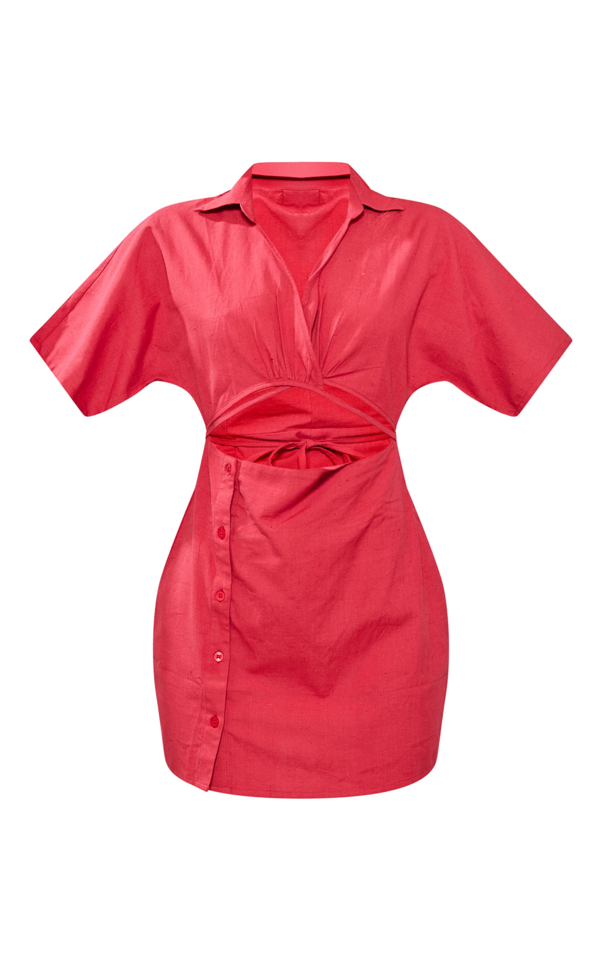 Red Linen Look Cut Out Waist Button Skirt Shirt Dress