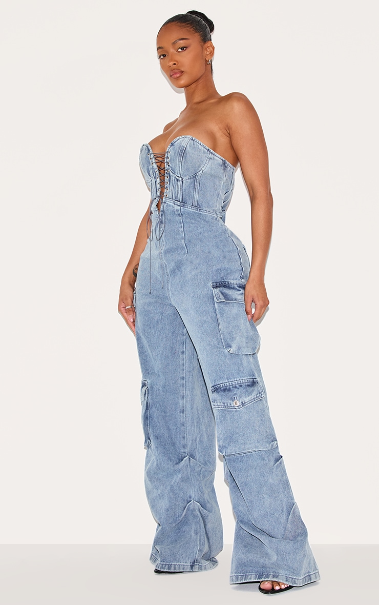 【WONDER WONDER】[UNISEX] Racing Washing Boxy Denim Jumper Shape Vintage Mid Wash Denim Bandeau Jumpsuit | Shape