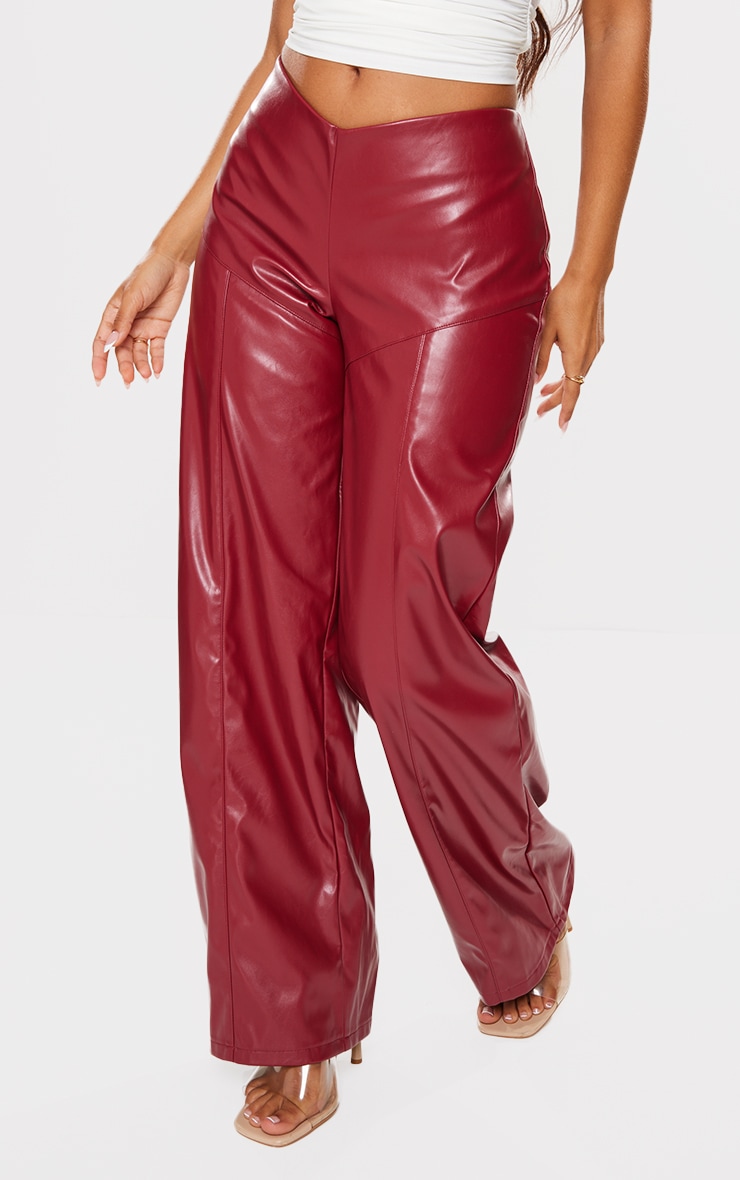 Petite Burgundy Dipped Front Waist Faux Leather Trousers image 2