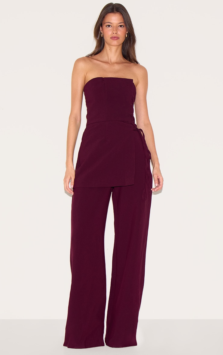 PLT Label Deep Burgundy Overlay Panel Lace Up Tailored Jumpsuit image 1