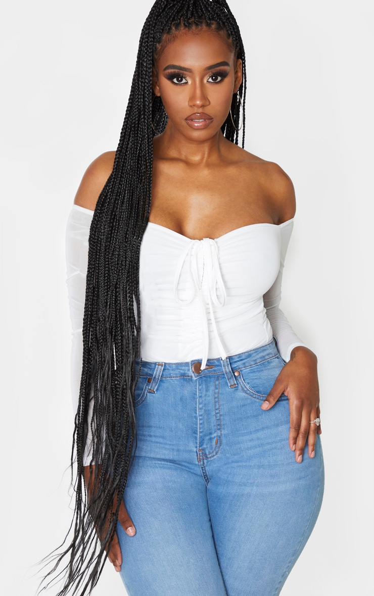 Shape - Body en mesh blanc froncé à manches longues