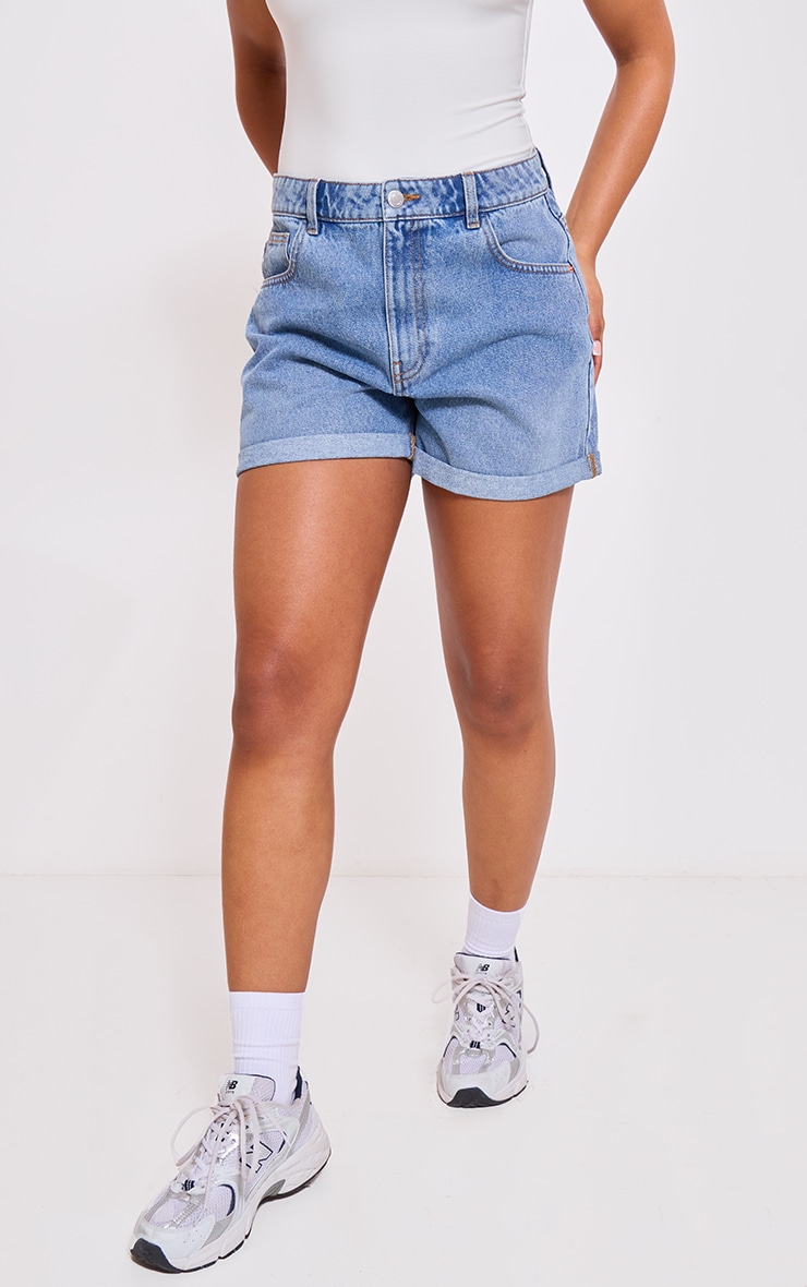 Mid Blue Wash Turn Up Mom Denim Shorts image 2