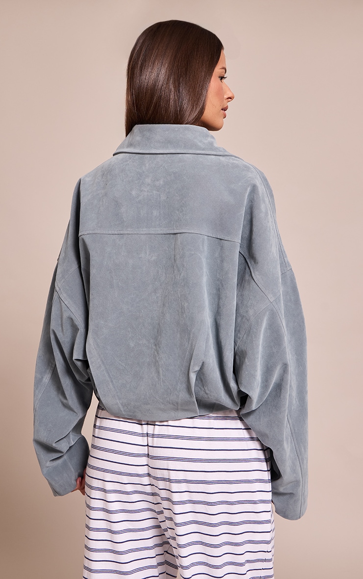 Dusty Blue Faux Suede Covered Placket Bomber Jacket image 2