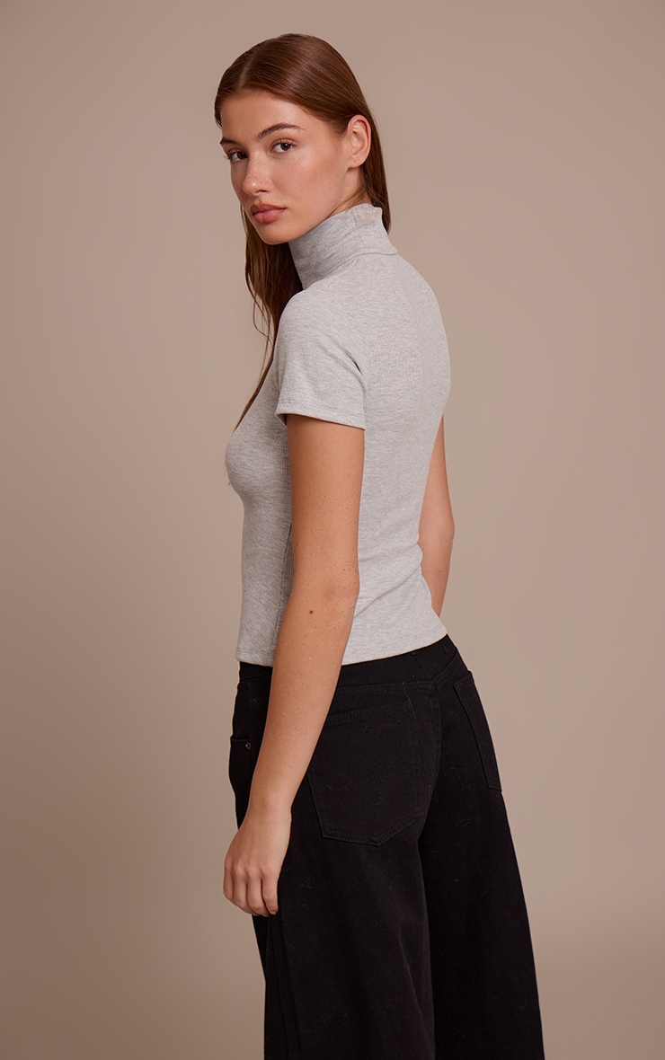 Grey Marl Soft Rib High Neck Fitted Longline T-Shirt image 2