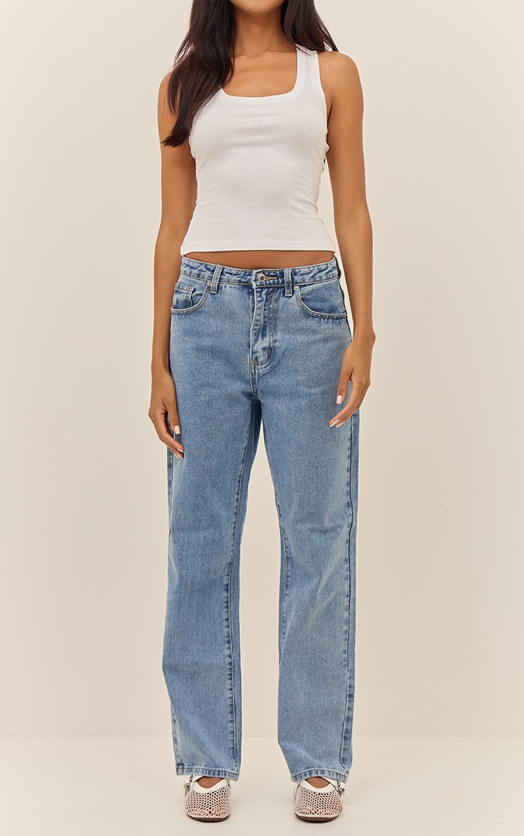 PRETTYLITTLETHING Mid Blue Wash High Waist Straight Leg Jeans image 2