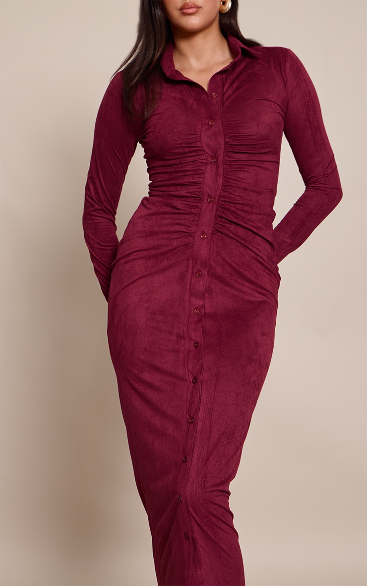 Wine Faux Suede Long Sleeve Ruched Button up Maxi Dress image 4
