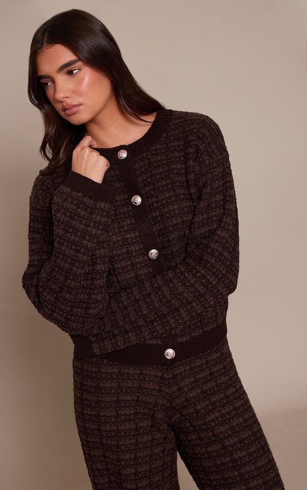 Chocolate Boucle Knitted Button Up Cardigan