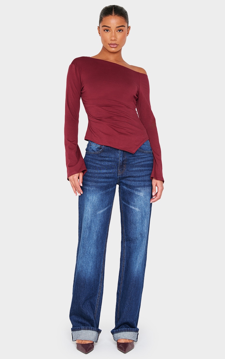Burgundy Cotton Ruched Side Long Sleeve Top image 3
