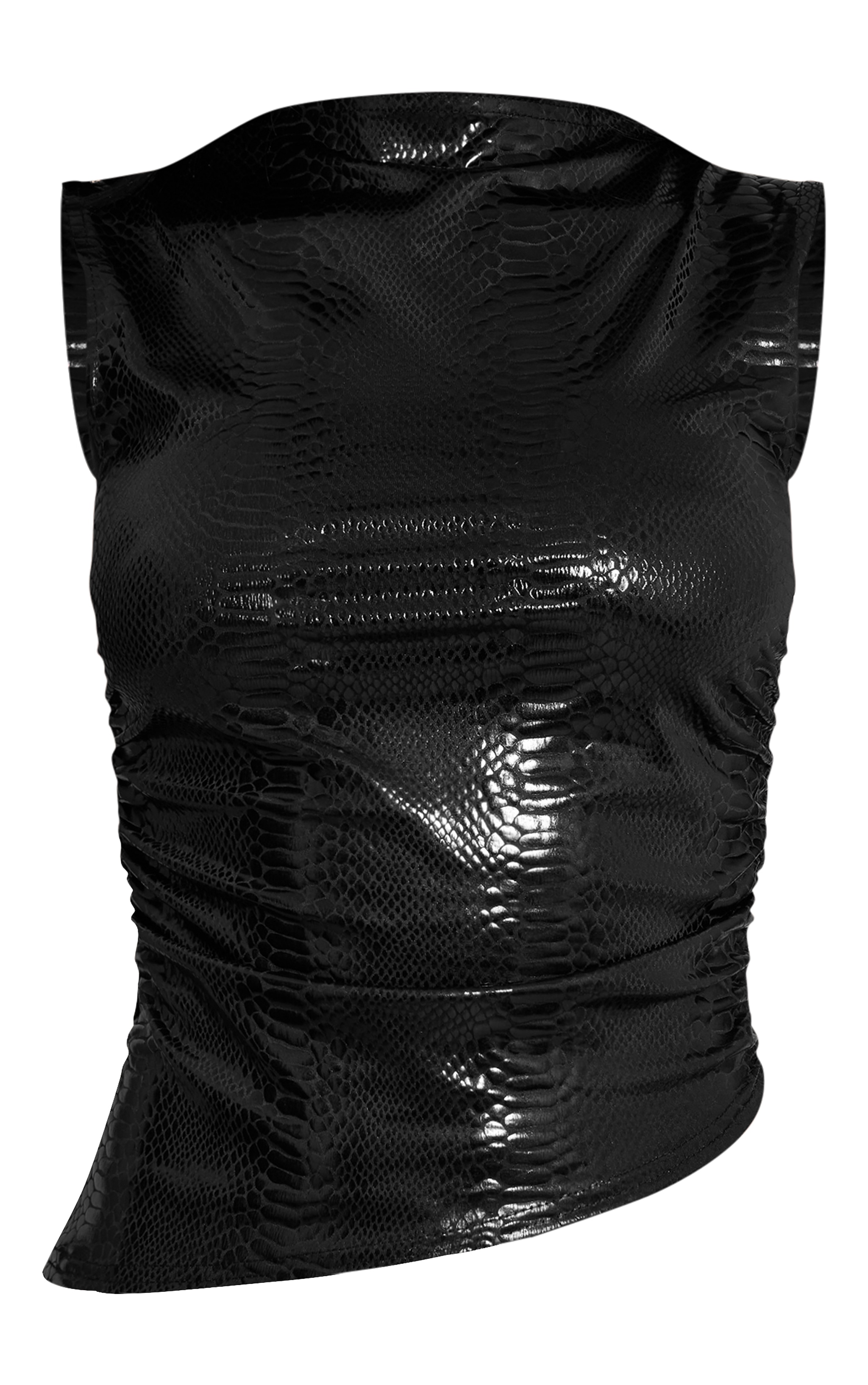 Black Wet Look Croc Print Asymmetric Top image 5