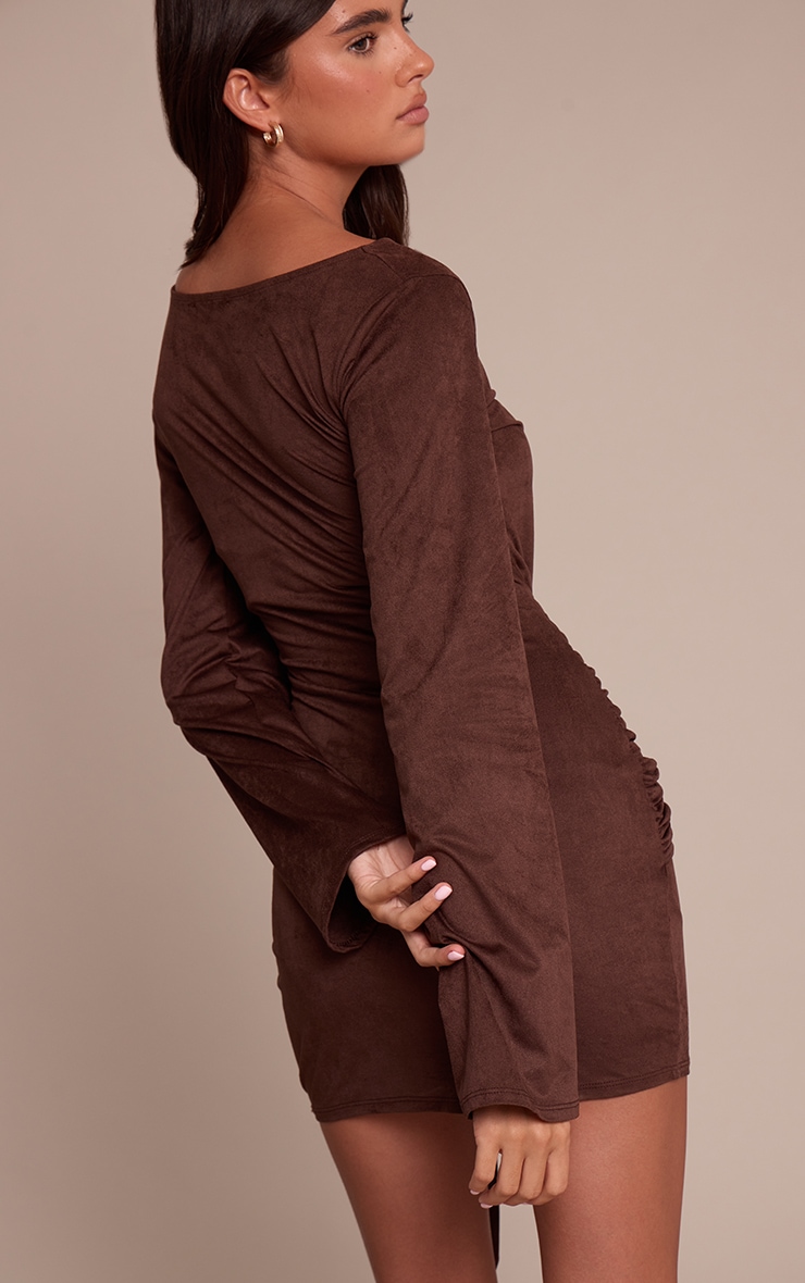 Chocolate Suede Boat Neck Tie Waist Detail Bodycon Dress image 2