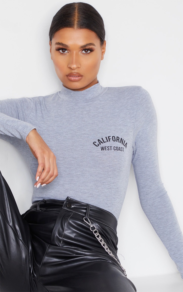 Grey Marl California Slogan Long Sleeve Bodysuit