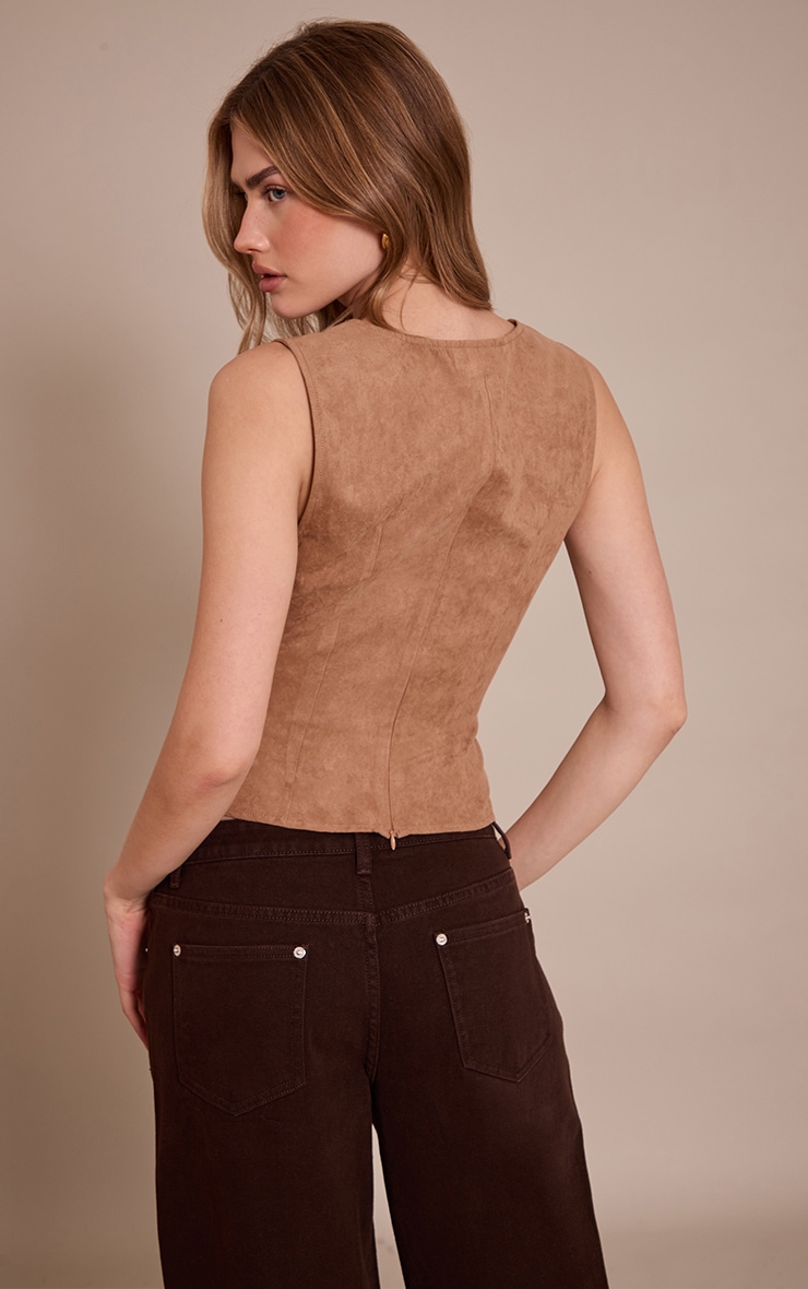Sand Faux Suede Fitted Cut Out Long Top image 2