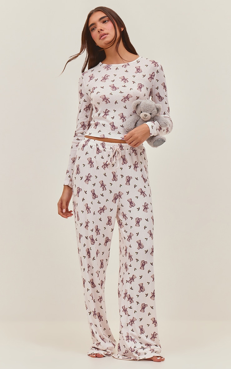 Teddy Bear Print Pointelle Fitted Long Sleeve Top and Pant PJ Set image 3