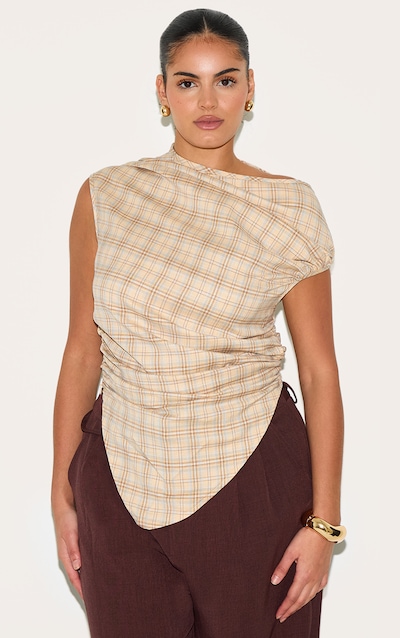 Plus Top beige froncé à carreaux multiples