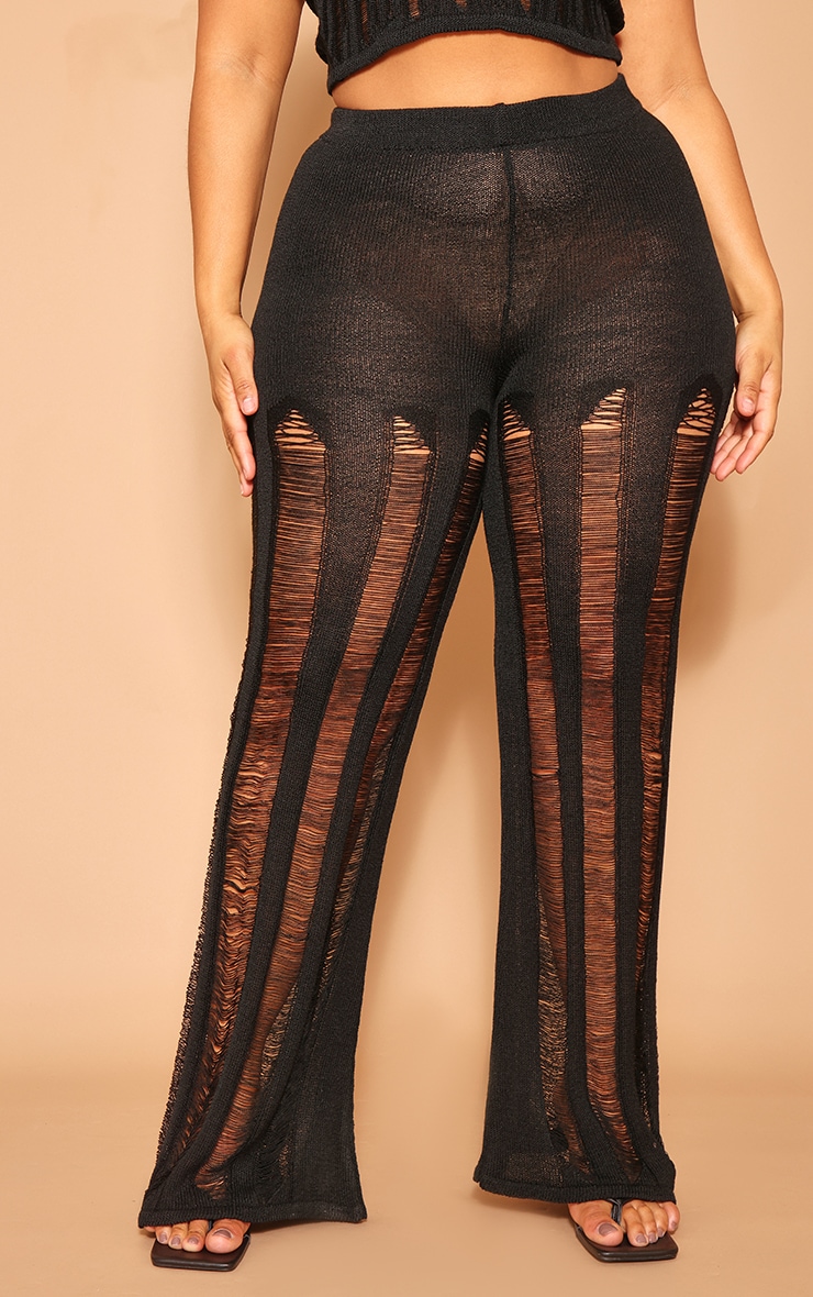 Plus Black Distressed Knitted Straight Leg Trousers image 2