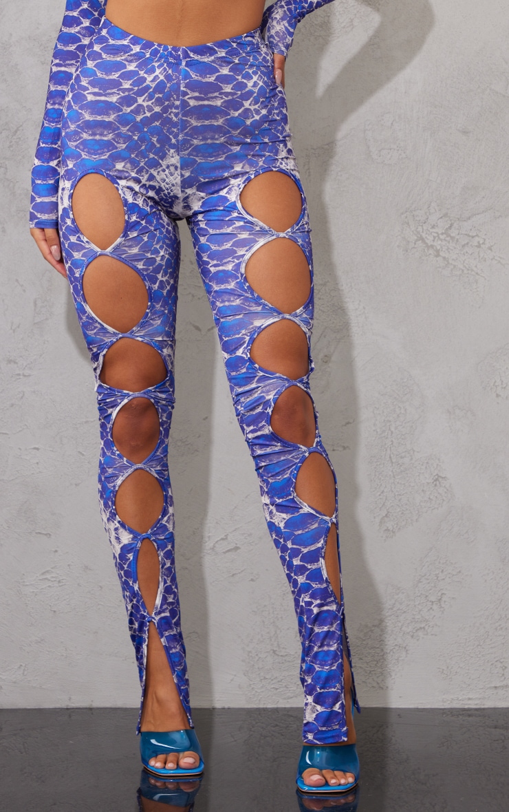 Legging moulant à imprimé serpent abstrait bleu à taille haute et découpes image 2