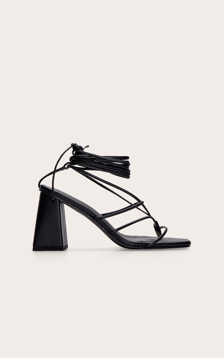 Black Pu Square Toe Thong Strappy Lace Up Block Heeled Sandals image 2