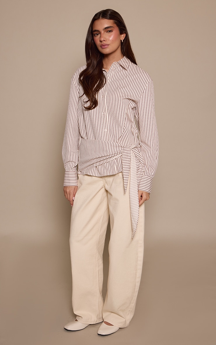 Cream Stripe Oversized Wrap Waist Shirt image 3