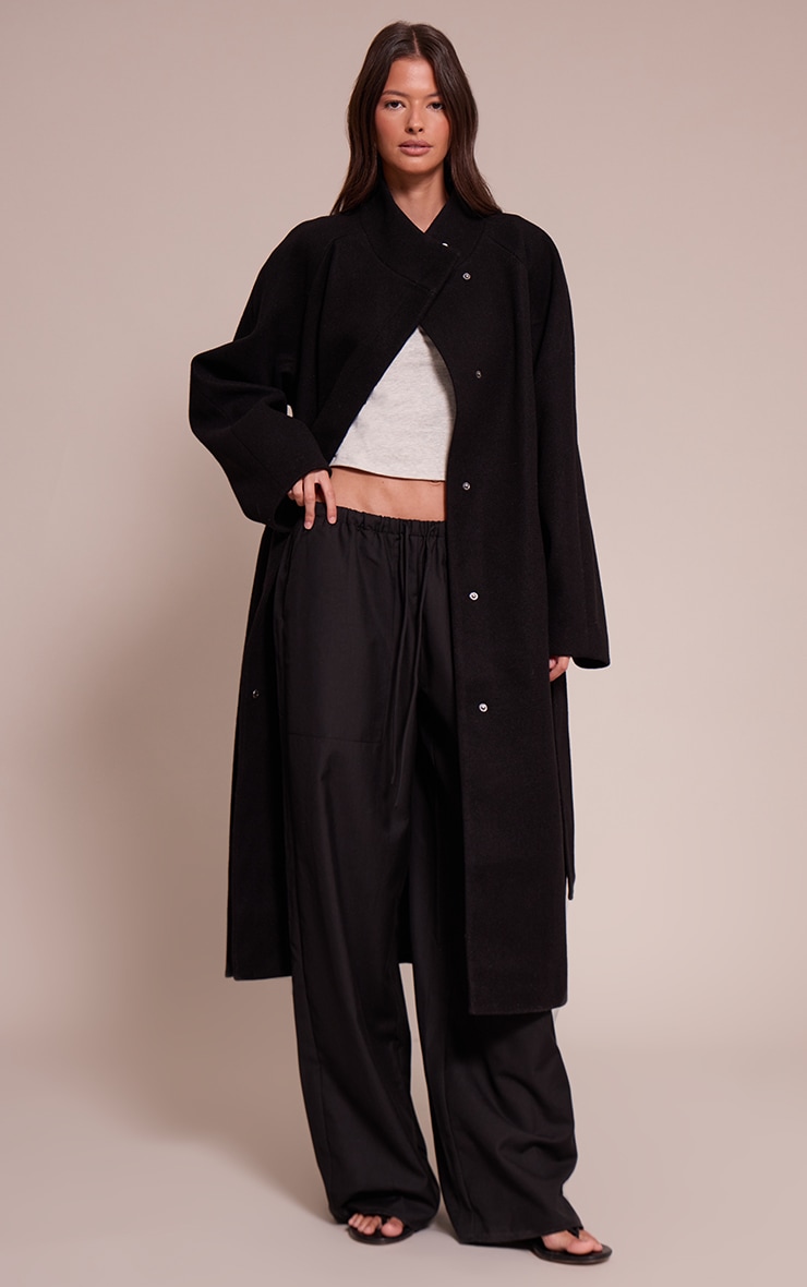Black High Neck Scarf Wool Look Maxi Coat image 3