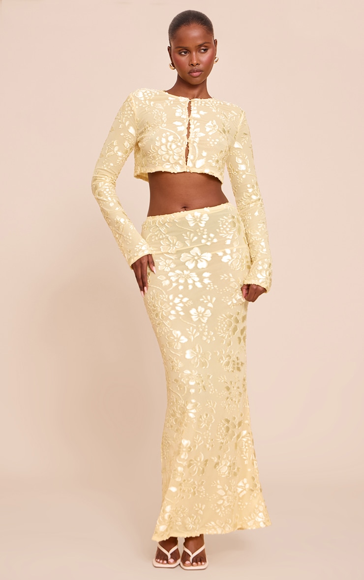 Butter Yellow Floral Sheer Button Cropped Top image 3