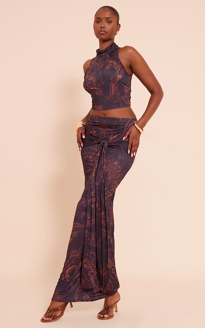 Dark Brown Paisley Print Slinky Tie Detail Maxi Skirt