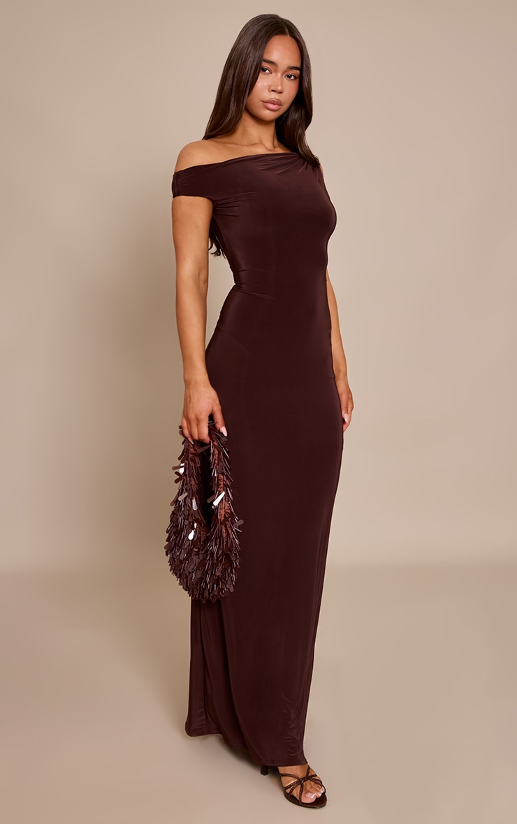 Chocolate Slinky Trim Detail One Shoulder Maxi Dress image 3