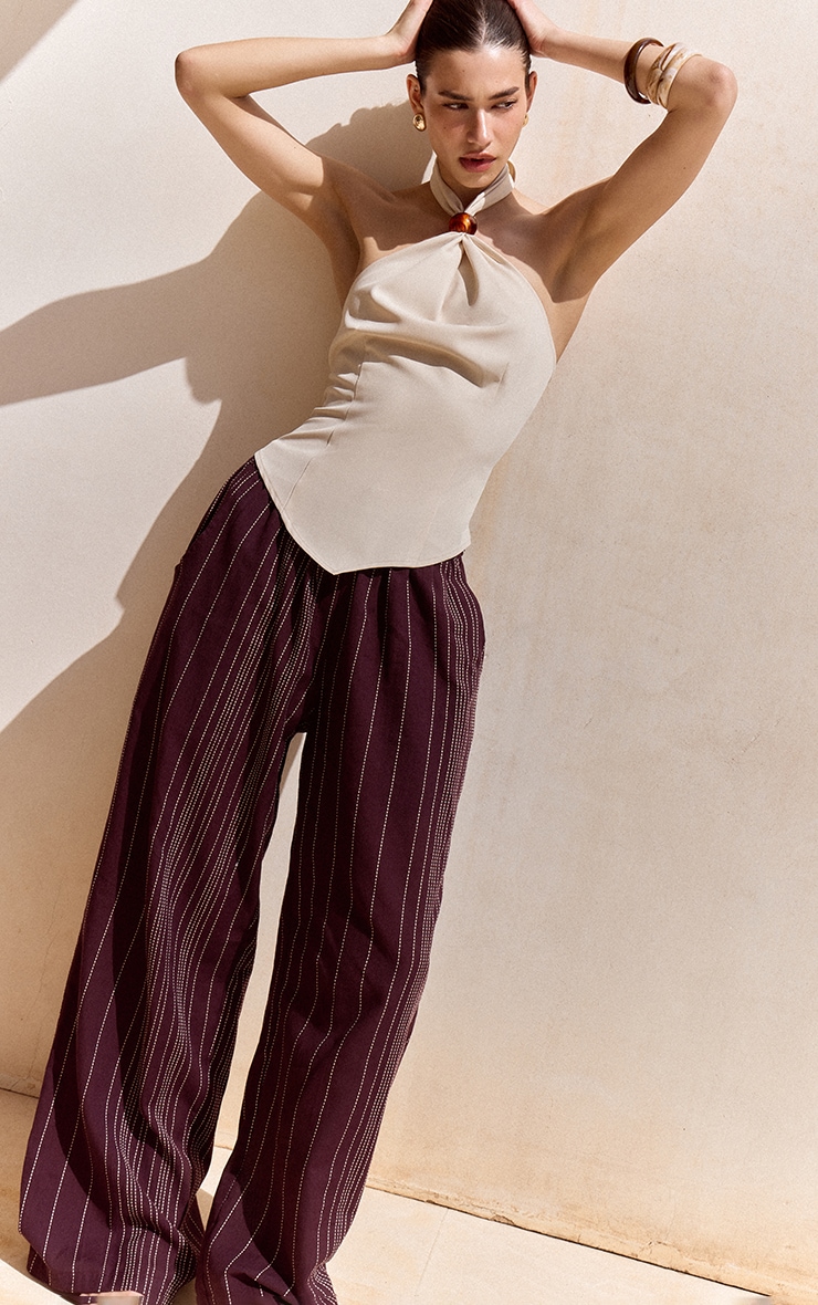 Pantalon en coton chocolat à rayures et taille élastique image 2