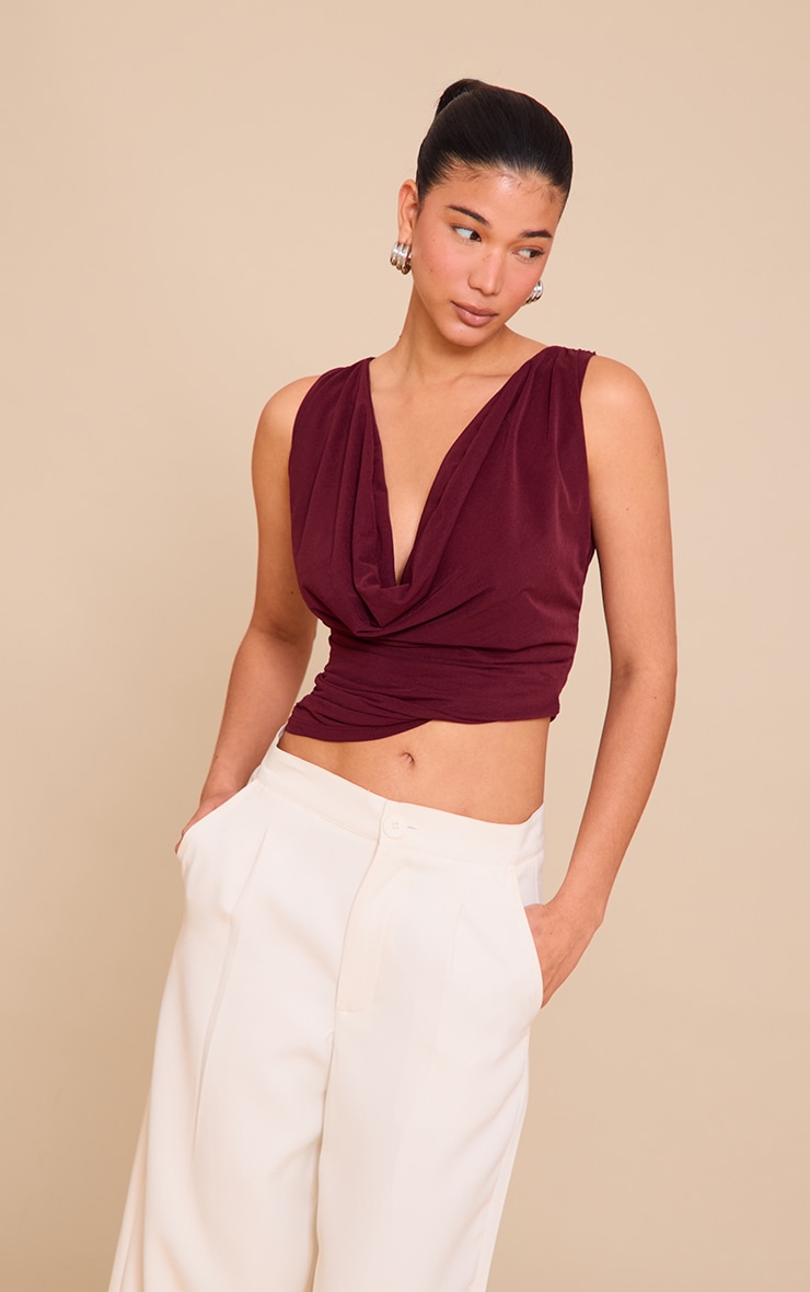 Wine Stretch Chiffon Cowl Neck Long Top image 1