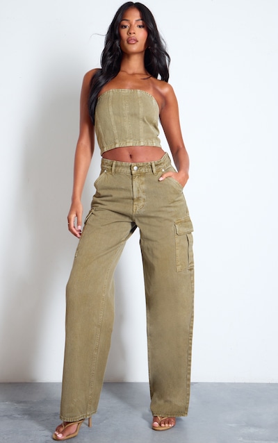 Tall Washed Khaki Low Rise Wide Leg Cargo Jeans