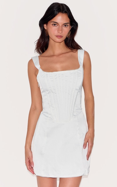 Premium White Woven Square Neck Lace Back Corset Dress
