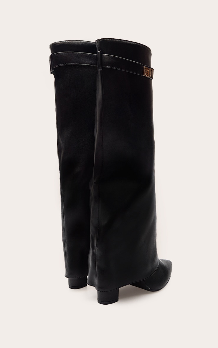 Black Faux Leather Block Heel Foldover Knee High Boot image 4
