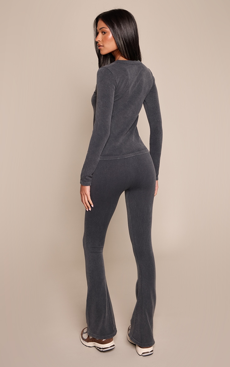 Tall Black Snatched Rib Button Detail Flare Leggings image 3