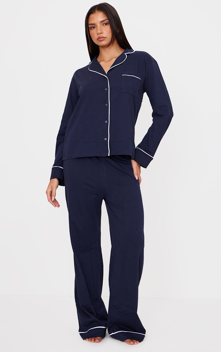 Navy Jersey Piping Detail Long PJ Set image 1