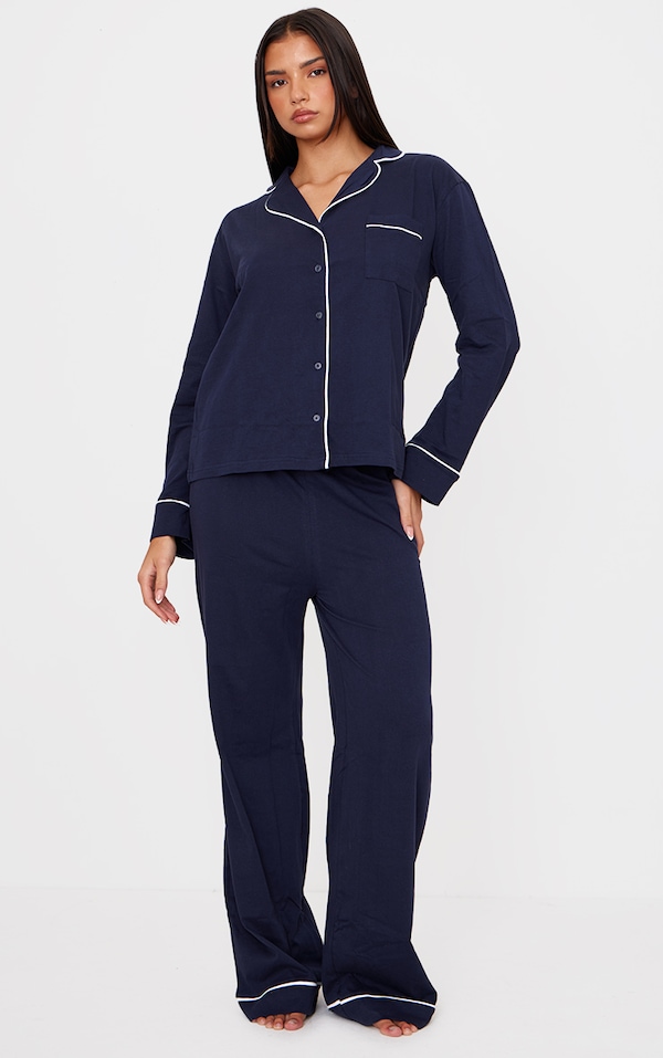 Navy Jersey Piping Detail Long PJ Set
