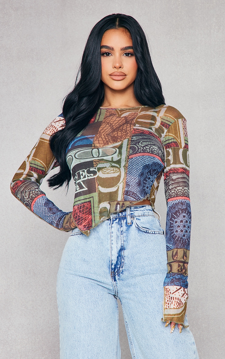 Petite Green Money Print Aysmetric Hem Mesh Longsleeve Top