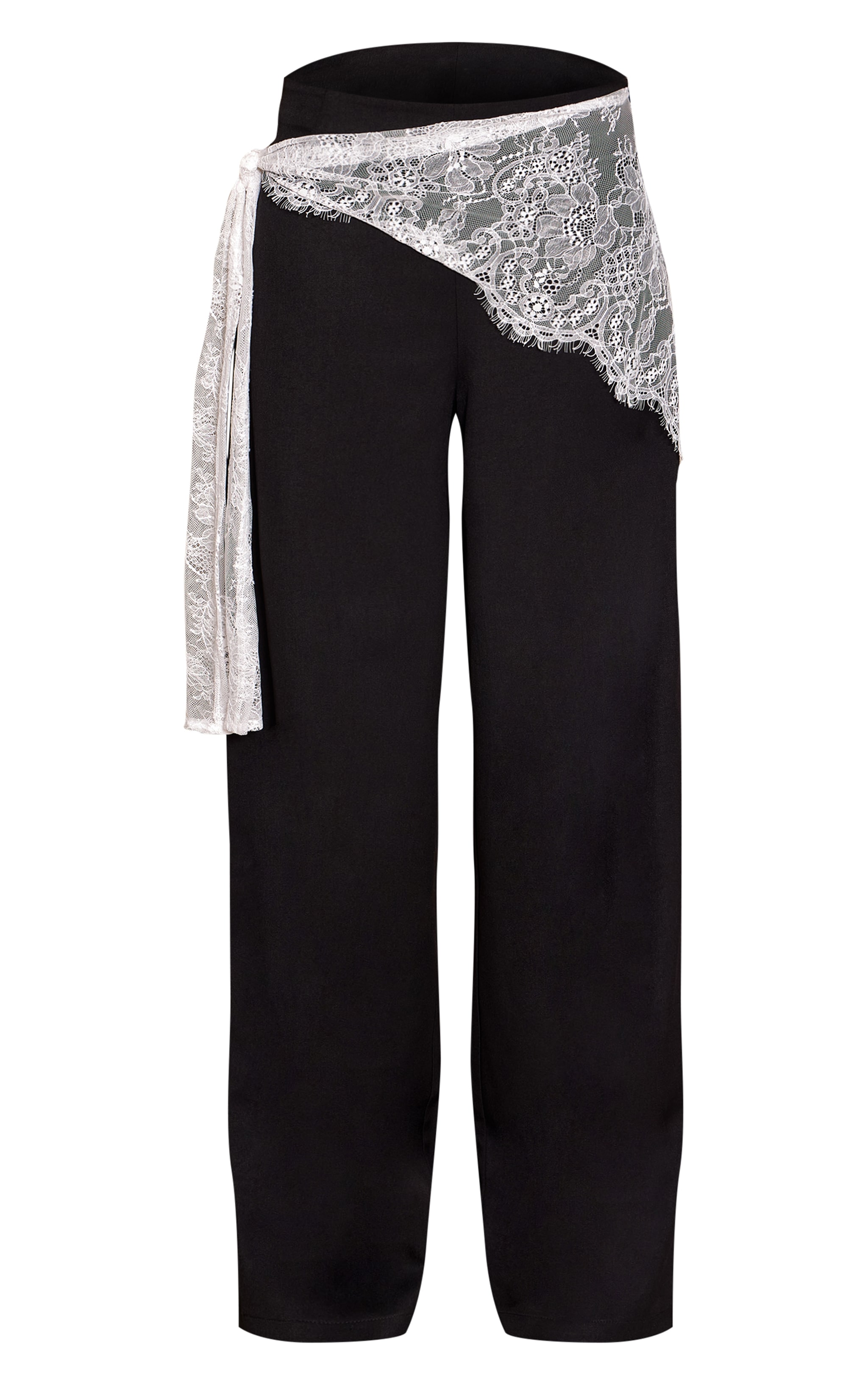Tall Black Lace Wrap Detail Woven Wide Leg Trousers image 5
