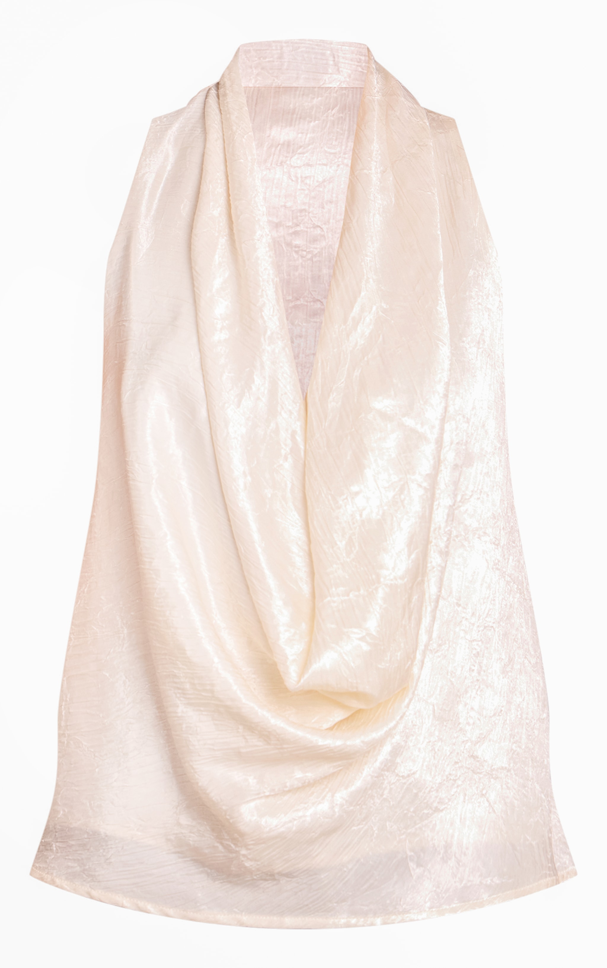 Cream Textured Satin Cowl Neck Detail Long Top image 5