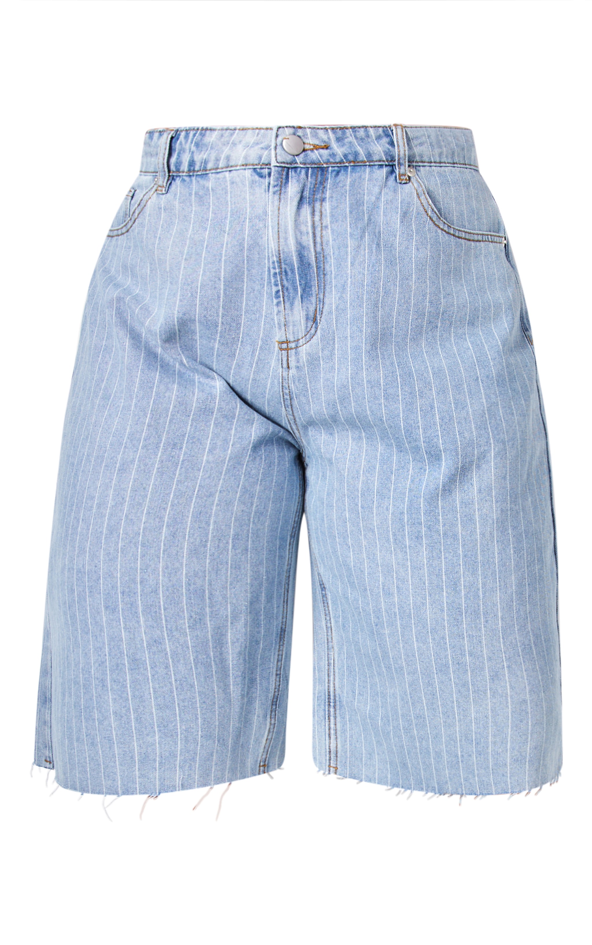 Plus Light Blue Pinstripe Long Line Denim Shorts image 6