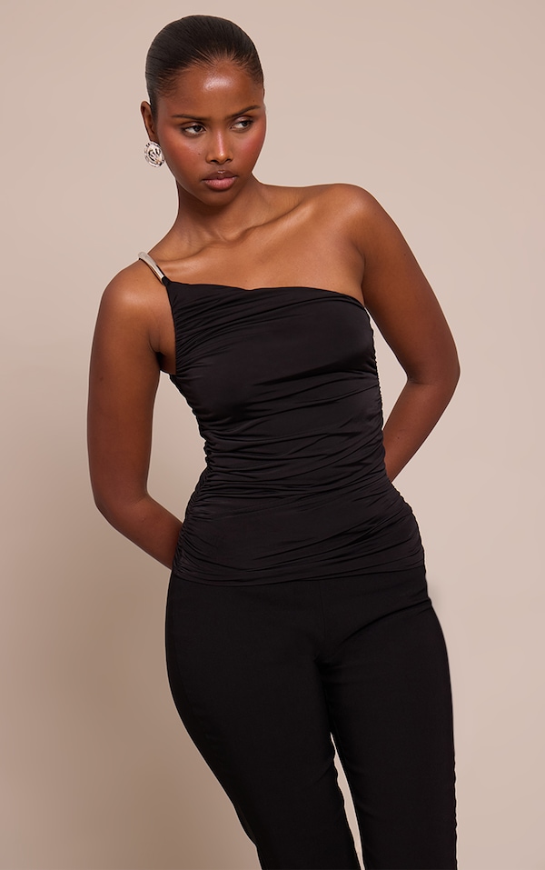 Black Slinky Trim Shoulder Detail Long Top