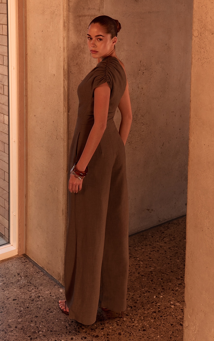 PLT Label Dark Taupe Asymmetric Ruched Wide Leg Jumpsuit image 2