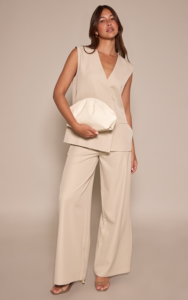  Almond Woven Pleated Mid Rise Wide Leg Pants image 1