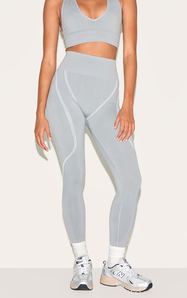 Legging côtelé gris sans coutures à taille haute image 2
