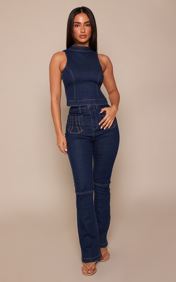 Petite Indigo Denim Fitted Flared Jeans